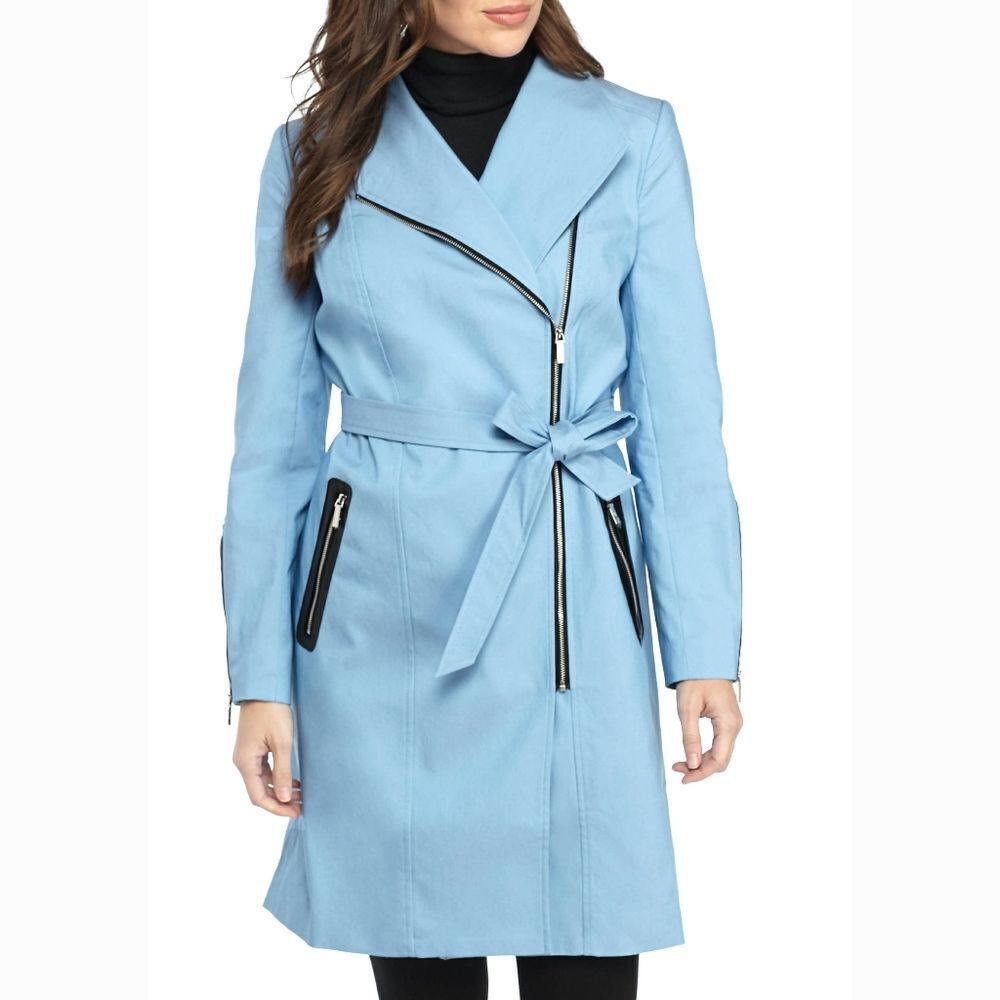 New! RAFAELLA Twill Women's Trench Coat With Faux Leather Trim Light Blue Black
